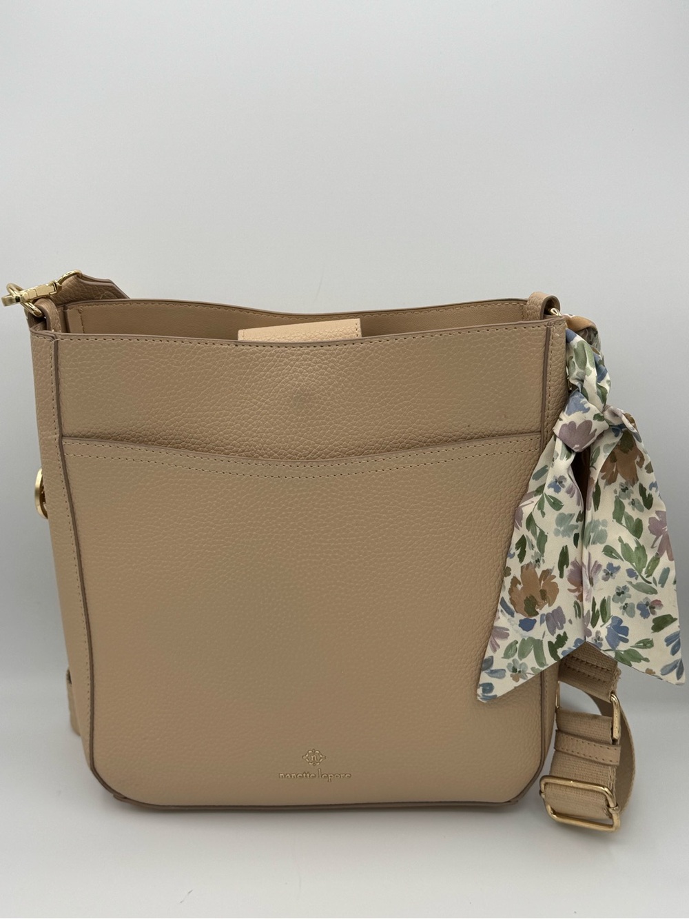 Nanette Lepore Beige Pebbled Faux Leather Crossbody Bag with Floral Scarf